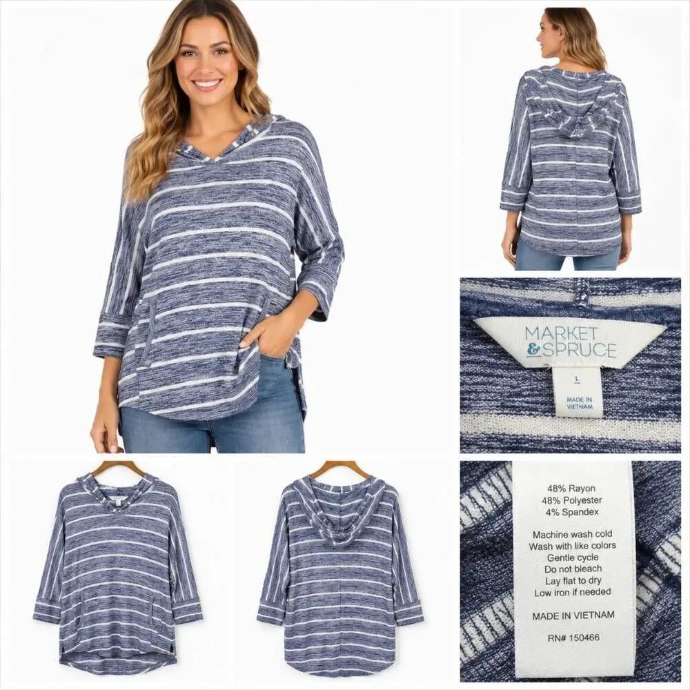 Market & Spruce Striped Hooded Tunic Top Large Blue